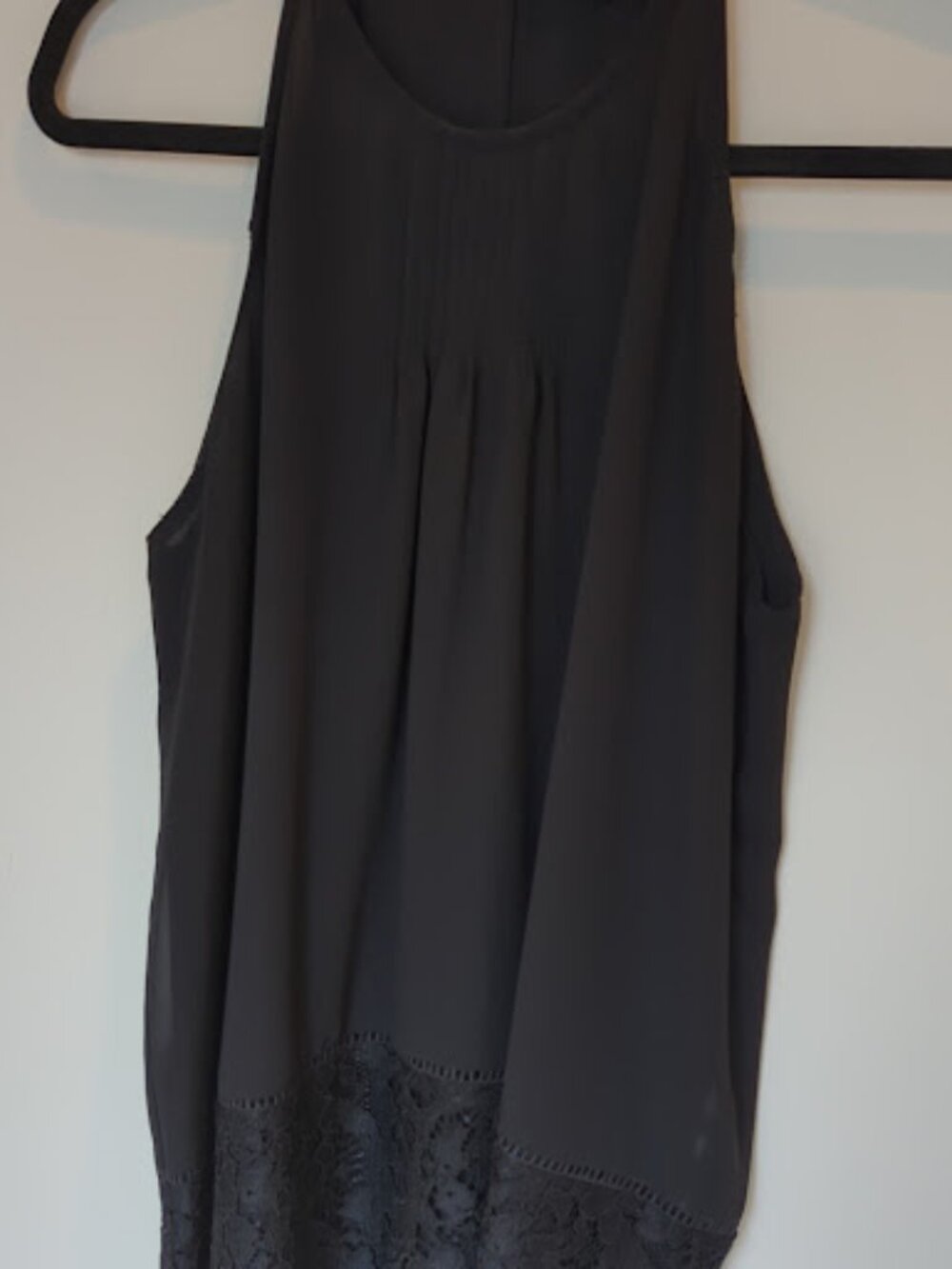 FATE Black High Neck Pleated Blouse with Crochet Lace Hem Size L
